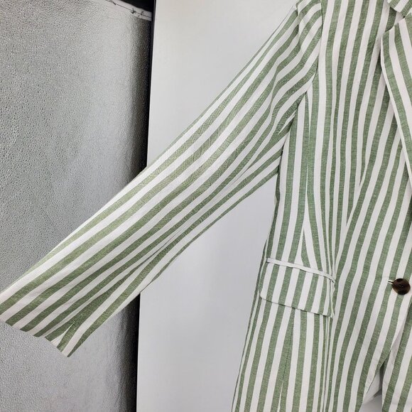 Loft Ann Taylor Green White Striped Linen Blend Preppy Beachy Blazer Jacket 8 - Picture 8 of 10